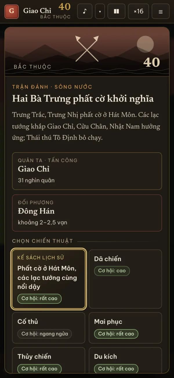 Màn hình chọn chiến thuật trận Hai Bà Trưng trên điện thoại.